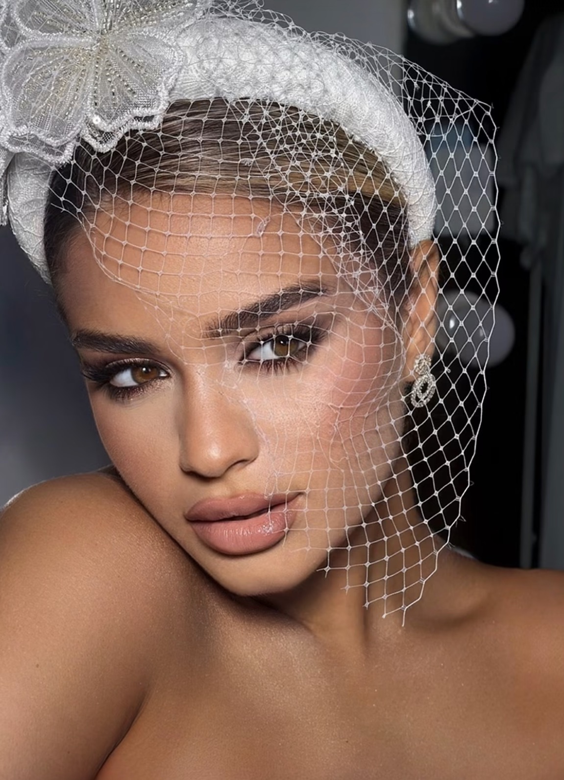 Warm bridal makeup, sculpted brows and nude lips beneath a delicate birdcage veil.